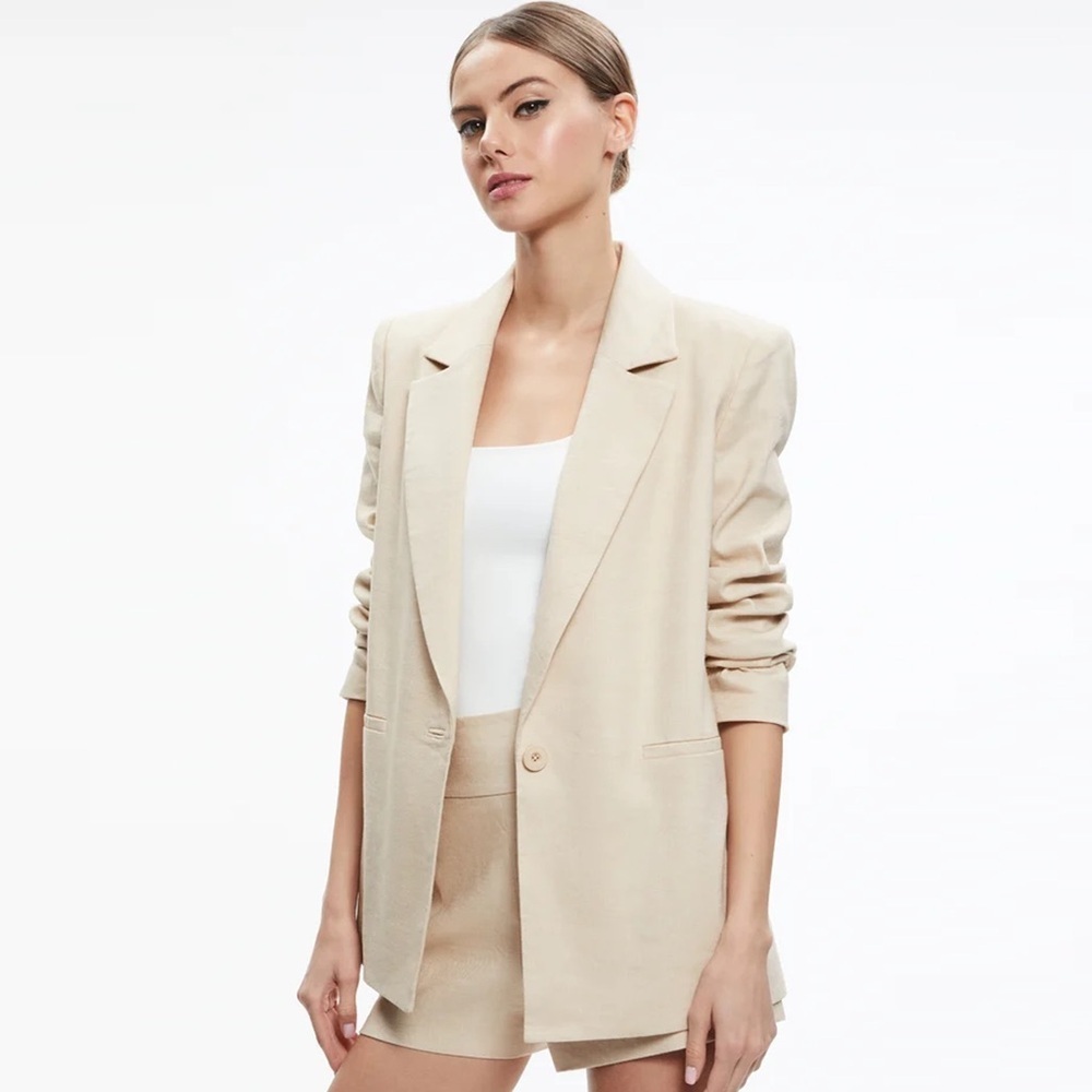 Alice and Olivia - Denny Linen Notch Collar Boyfriend Blazer - Natural